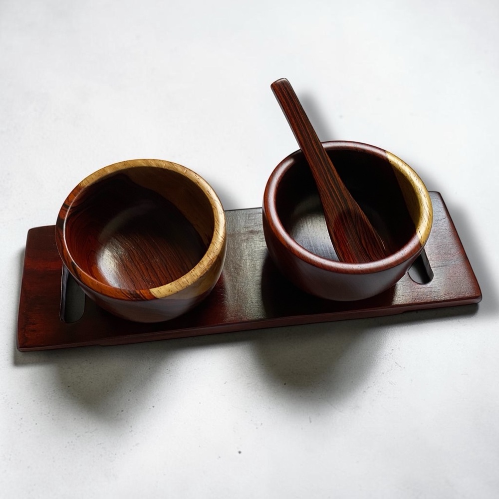 Vintage Wooden Double Bowl Set with Spoon - Rich Brown and Natural Wood Trim - Picture 2 of 12